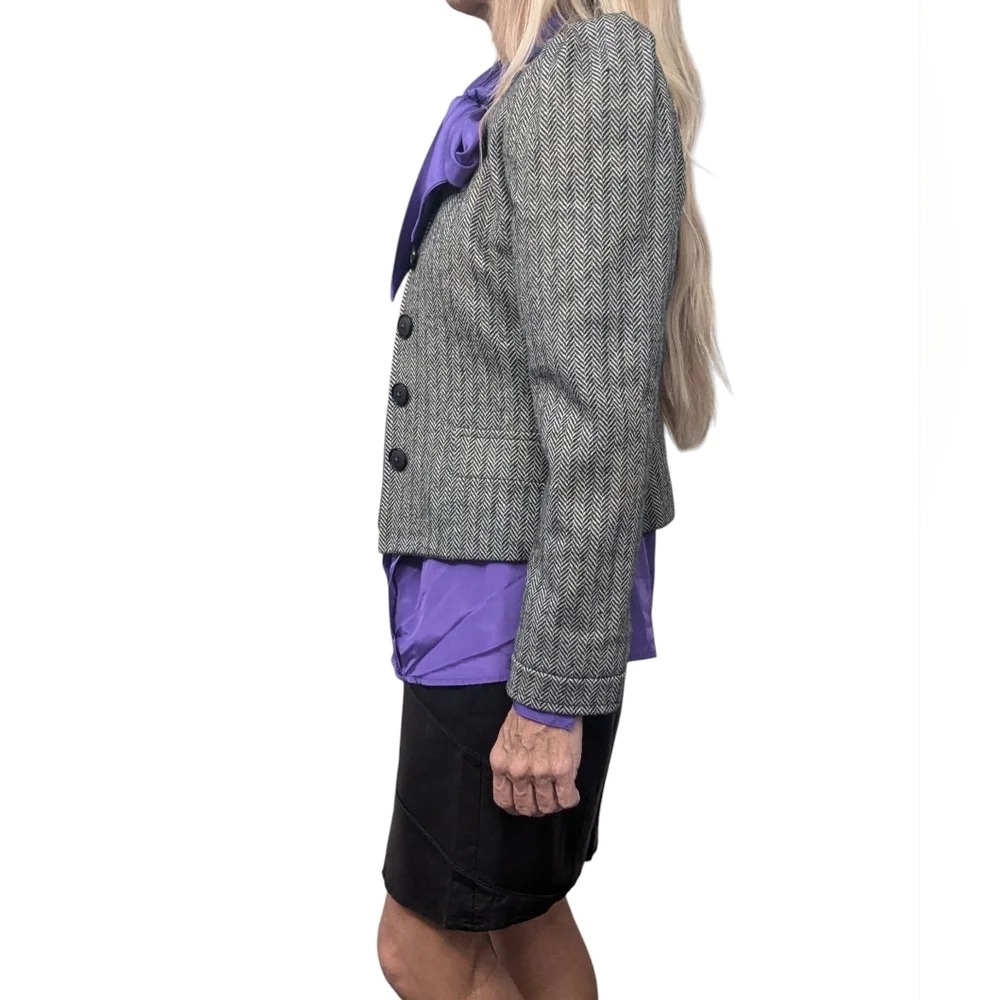 Vintage 80s Cashmere Wool Herringbone Puff Shoulder Cropped Jacket Sz 4 - Picture 3 of 15
